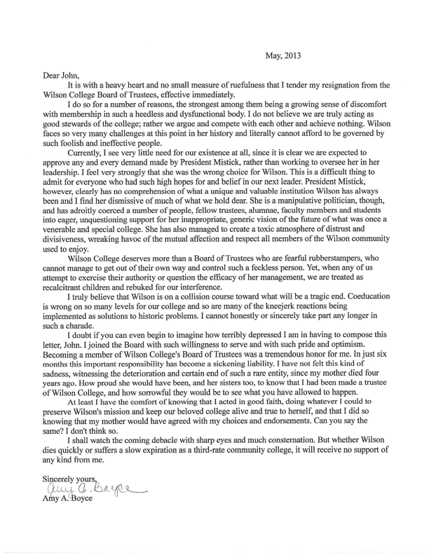 Scanned version of Alumna Trustee Amy Allen Boyce's original resignation letter